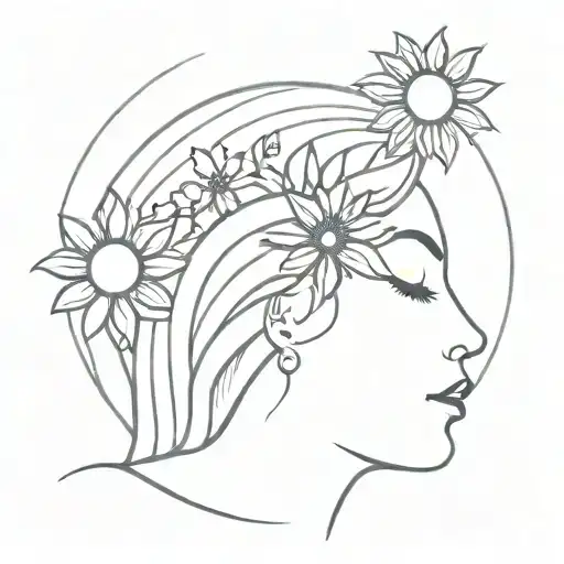 Really Simple Line Drawing Of Women Face The Sun And Flowers
