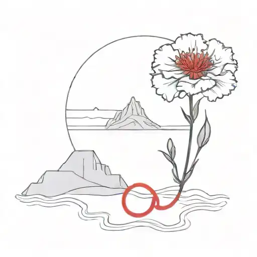 Carnation Flower On An Island In The Middle Of The Ocean With A Red String Of Fate