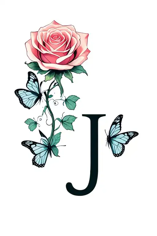 Unify A Rose With The Letter J And Put Butterflies Around It