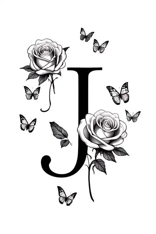 Unify A Rose With The Letter J And Put Butterflies Around It Without Color