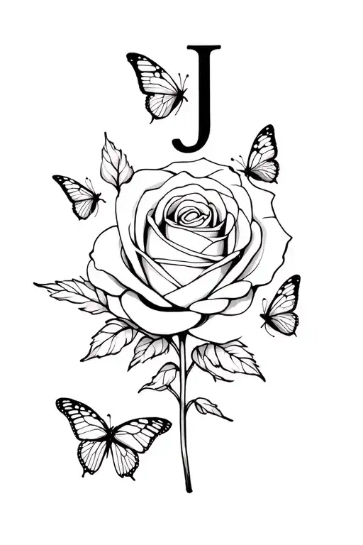 Unify A Rose With The Letter J And Put Butterflies Around It Without Color And Without Filling