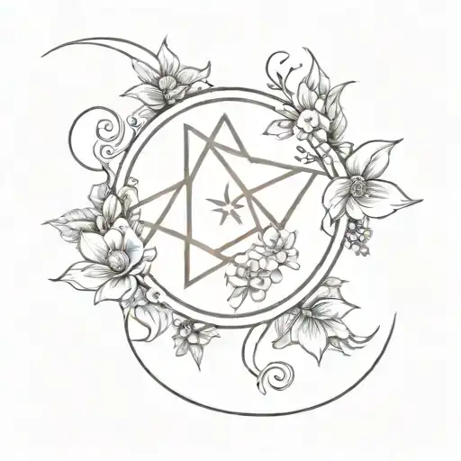 Triple Moon With Pentagram And Flowers