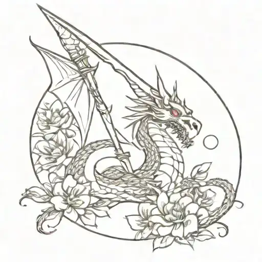 A Red Dragon Surrounded By Flowers With A Sword Through Uy