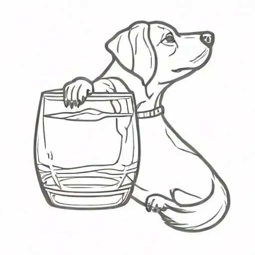 Design A Tattoo Of A Whiskey Glass With A Small Sauasage Dog Peeking Over The Edge Of The Glass