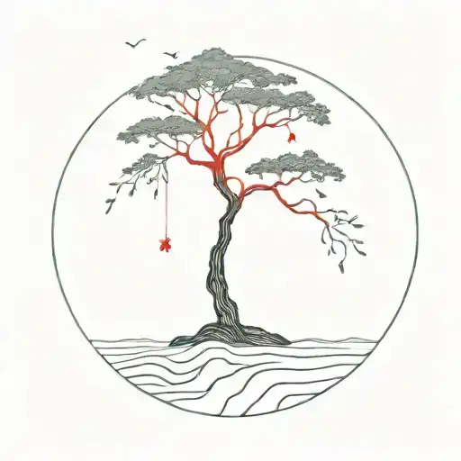 Tree On An Island In The Middle Of The Ocean With The Red String Of Fate