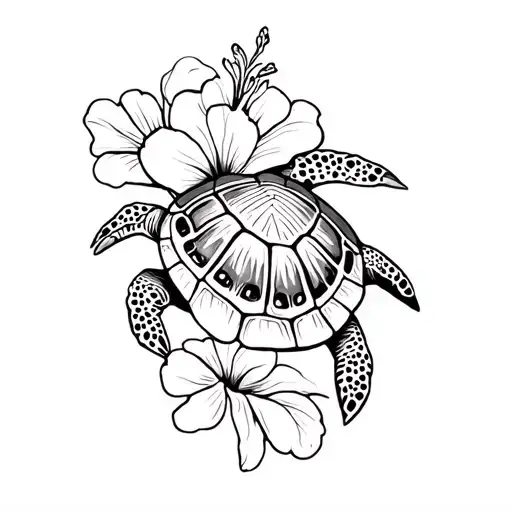 Turtle With Hibiscus Flower Intertwined