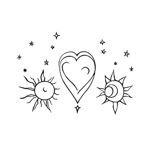 Three Hearts With Sun Moon Star Filled Sky