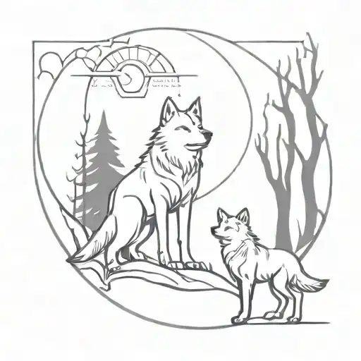 A Wolf With Two Wolf Pups Howling At The Moon In A Mystical Forest