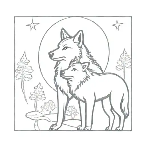 Two Wolf Pups Howling At The Moon In A Mystical Forest