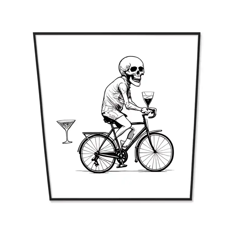 Skull Riding A Bicycle Holding A Cocktail Glass In A Illustrative Flash Style
