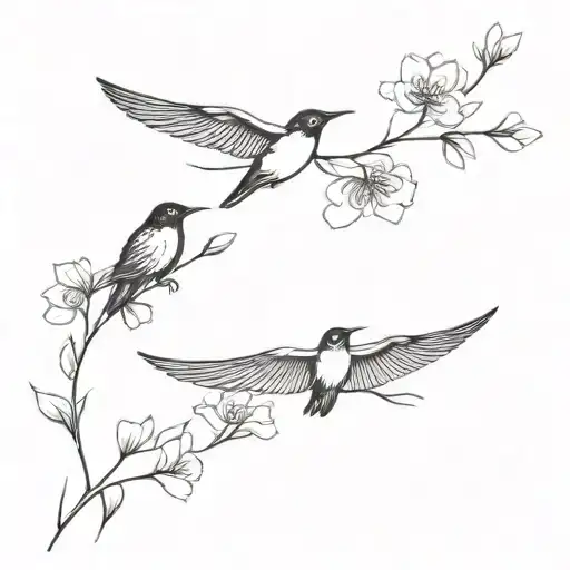 Three Black Birds Flying With Flowers In Between