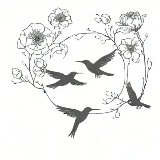 Three All Black Birds Without Faces Flying And Flowers