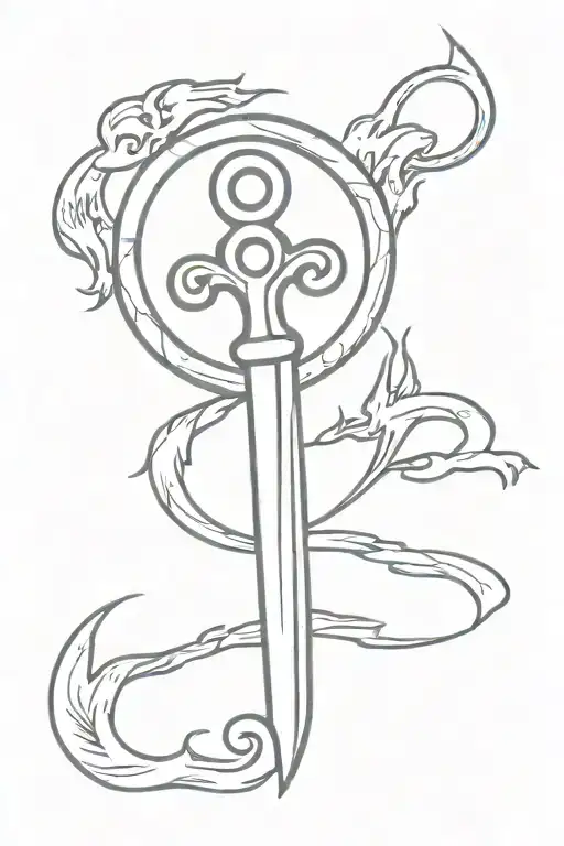 Old Skeleton Key Shaped Like A Dagger With Flames For Its Handle Piercing The Triple Moon Symbol