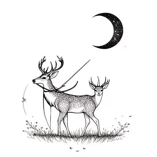 Artemis With Her Bow And The Inspiring Deer With Moon