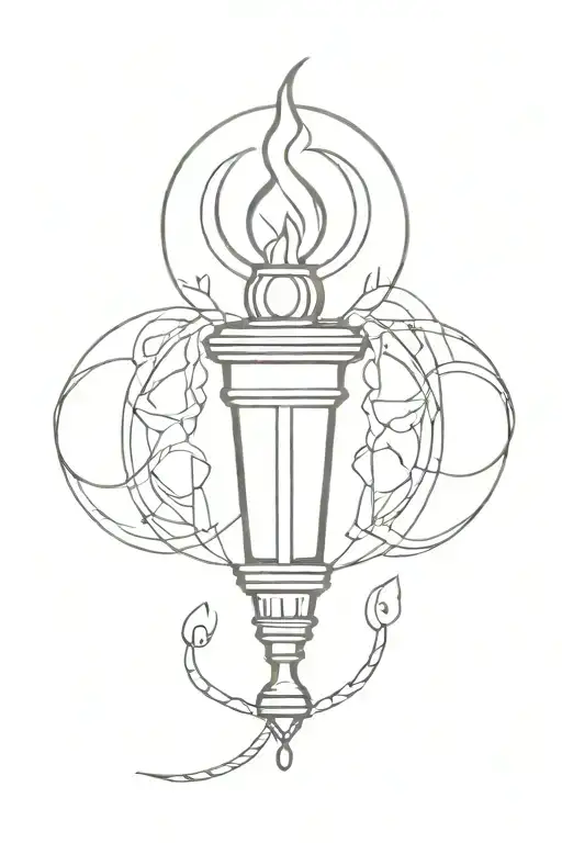A Traditional Style Tattoo Of A Torch With Intricate Moon Phase Symbols Intertwined