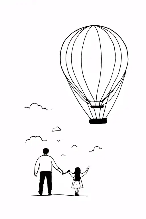 Mom Dad And Daughter Watching 2 Hot Air Ballons Flying Away