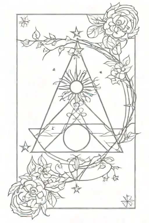 Linework Tarot Card Featuring Sun Moon And Stars A Triquetra And Vines Or Flowers