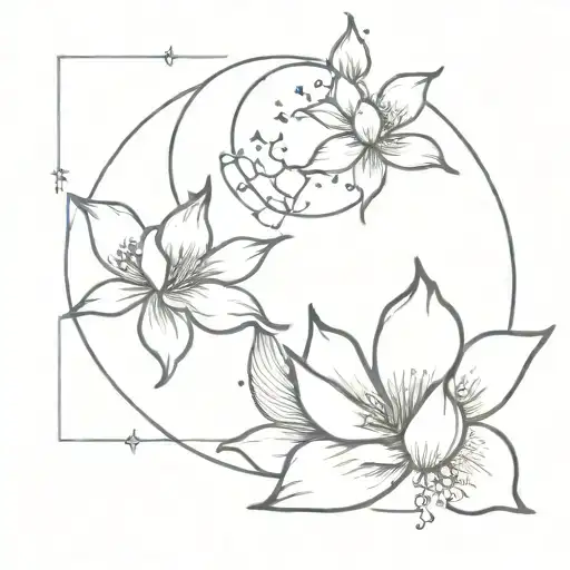 Moon And Magnolia Flower Intertwined With Star Constellations