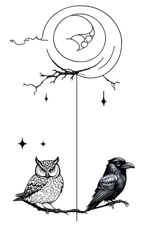 Raven And Owl And Moon