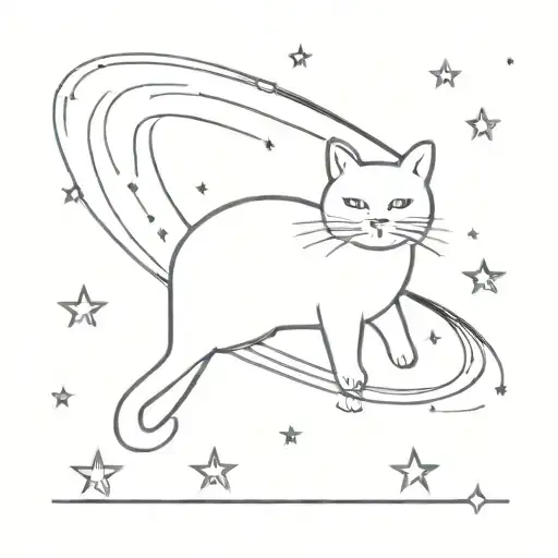 A Minimalist Tattoo Design Of A Cat Floating In Space Surrounded By Stars And Galaxies