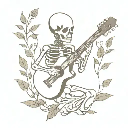 A Skeleton Playing A Guitar Surrounded By Music Notes And Plant Leaves