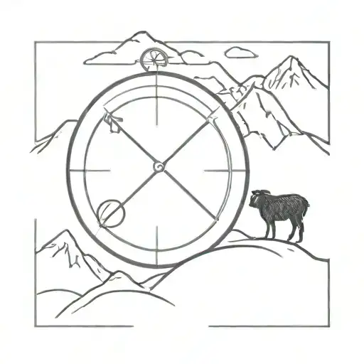 Compass With Mountains And Simple Black Sheep Standing In Front