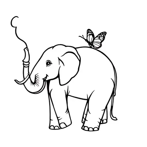 Single Line Drawing Of Elephant With Trunk Pointing Up With A Butterfly
