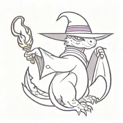 Black Baby Dragon Wizard With Blue And Purple Closed Robes With A Pointed Hat And Casting A Fireball