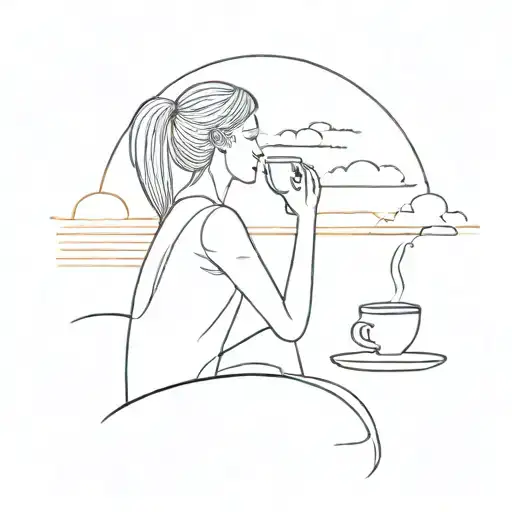 A Minimalist Tattoo Design Of A Person Watching A Sunset While Sipping On A Cup Of Tea