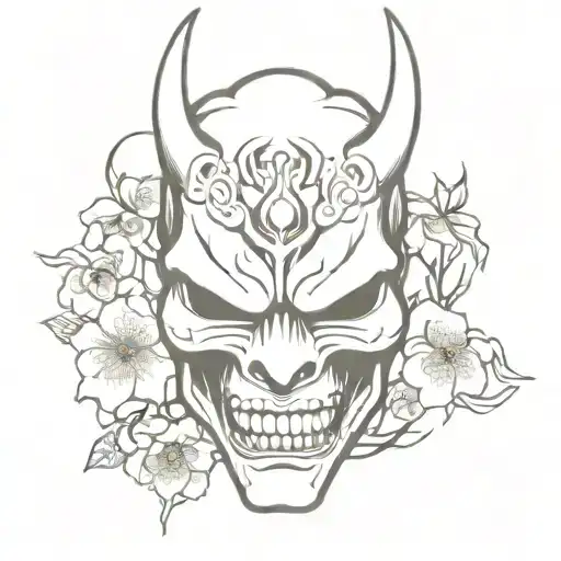 Oni Mask With Skull Craked And Cherry Blossom Flowers Blooming From The Crack