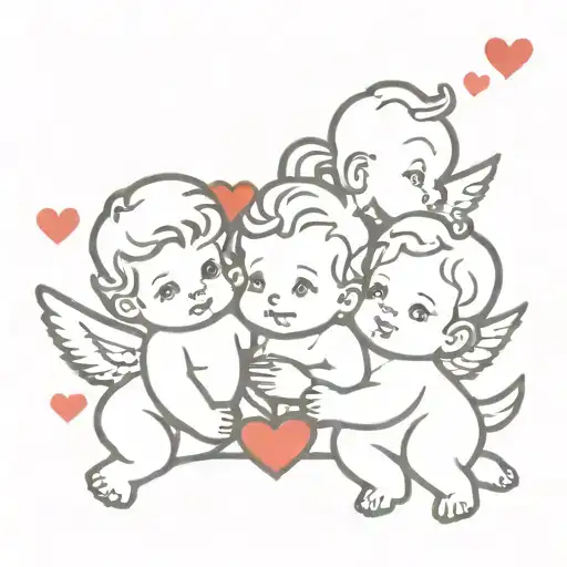 Outline Of 3 Cherubs Together With A Background Of Red Airbrushed Hearts