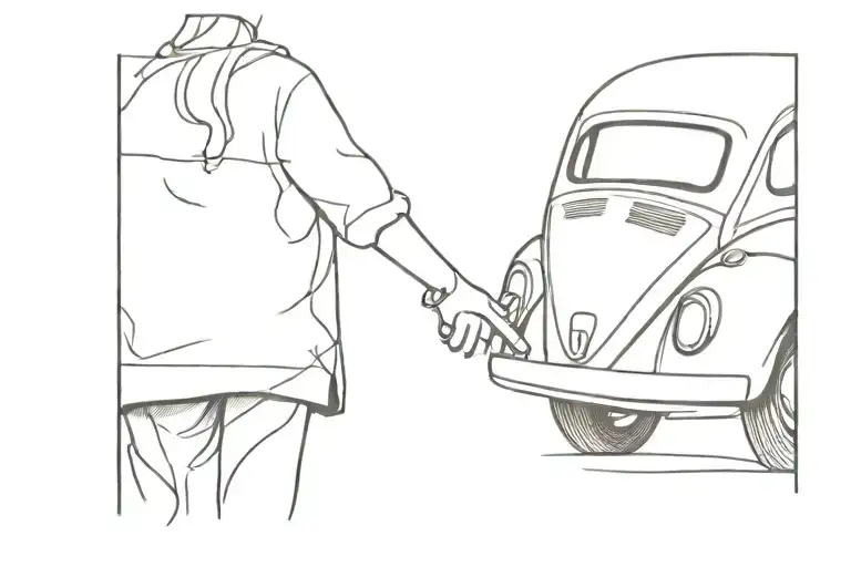 Couple Holding Hands Looking At A Vw Beetle By The Ocean