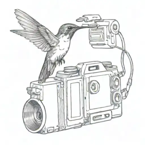 A Delicate Tattoo Of A Hummingbird Hovering Over A Vintage Film Camera