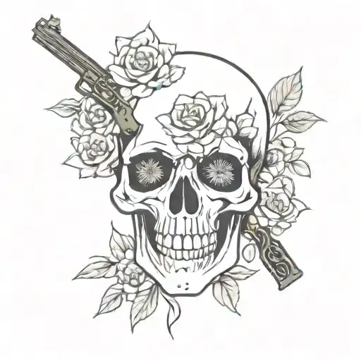 Skull With Gun And Flowers