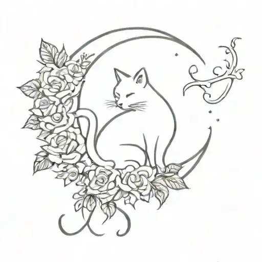 Cat Inside Crescent Moon With Roses And Larkspur