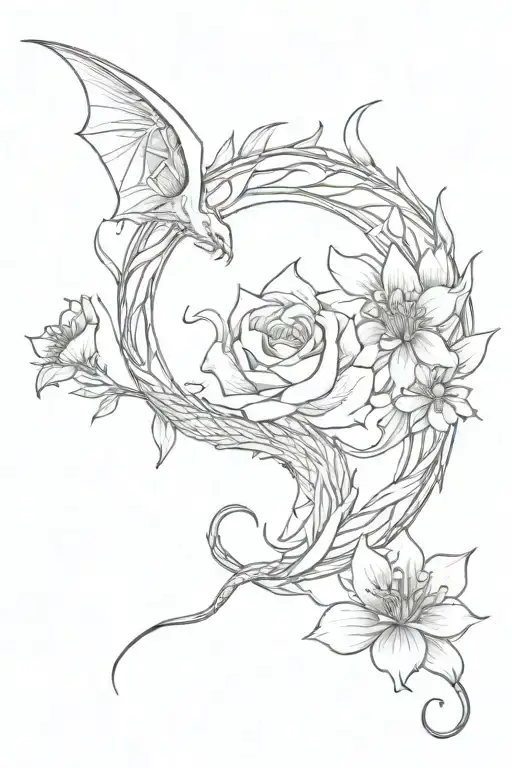 Dragon With Flowers Intertwined