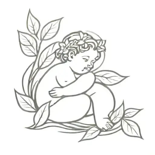 Garden Of Eden With Chubby Cherub And Foliage