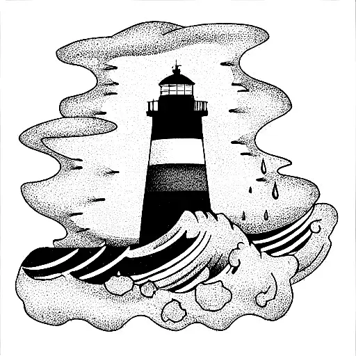 A Lighthouse Shining In The Rain With Large Waves Crashing Against It
