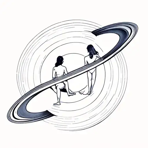 A Man And A Woman Sitting On The Right And Left Of The Saturn Ring