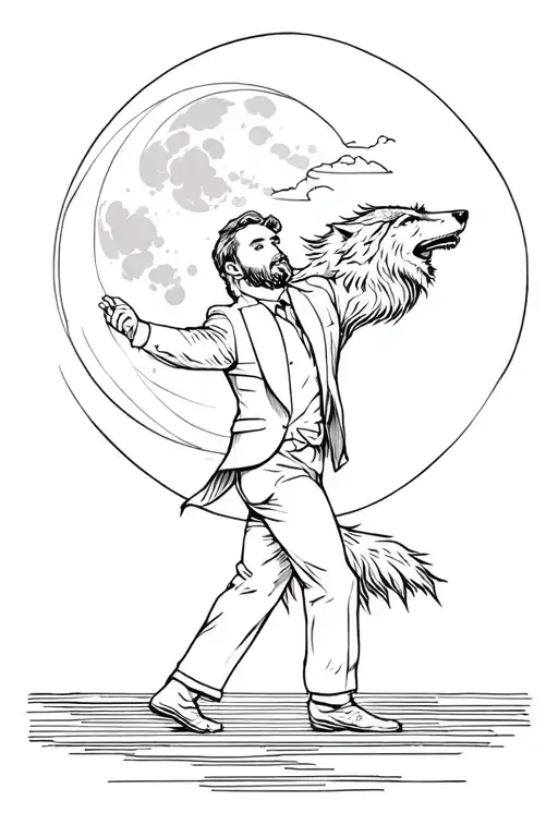 Man In Suit With Wolf Head Dancing Under Full Moon