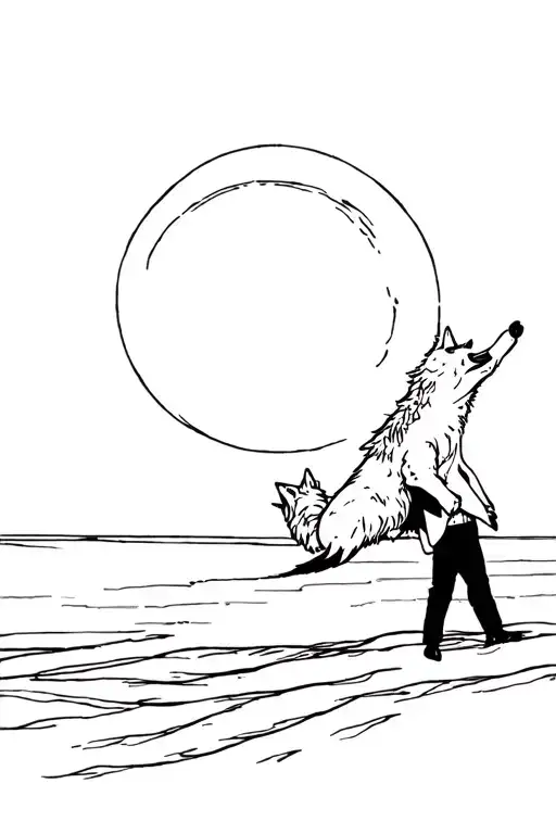 Man In Suit With Head Of A Wolf Dancing Under Full Moon