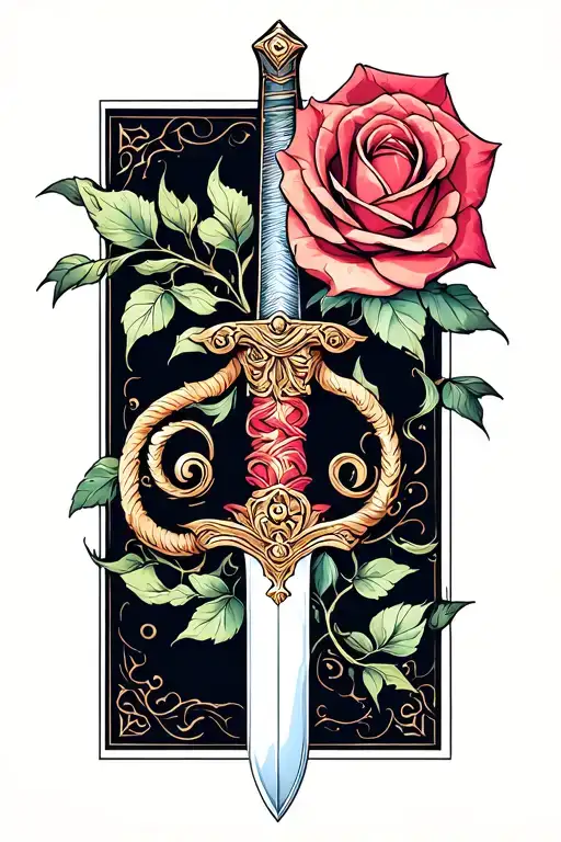 A Minimalist Design Of The Mulan Family Sword Intertwined With A Rose From Beauty And The Beast