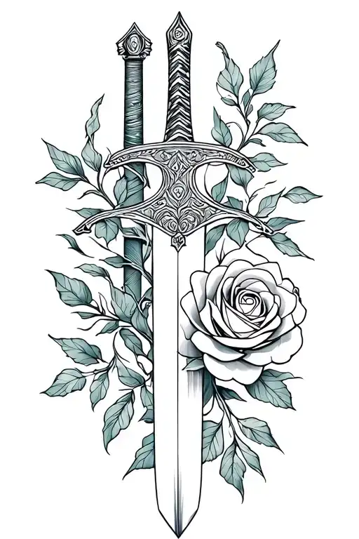 A Minimalist Design Of The Mulan Family Sword Intertwined With A Rose From Beauty And The Beast