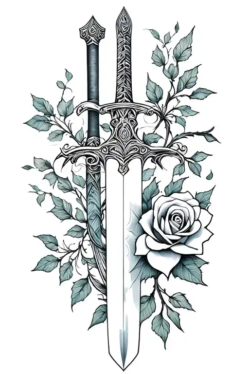 A Minimalist Design Of The Mulan Family Sword Intertwined With A Rose From Beauty And The Beast