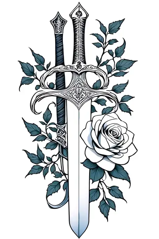 A Minimalist Design Of The Mulan Family Sword Intertwined With A Rose From Beauty And The Beast