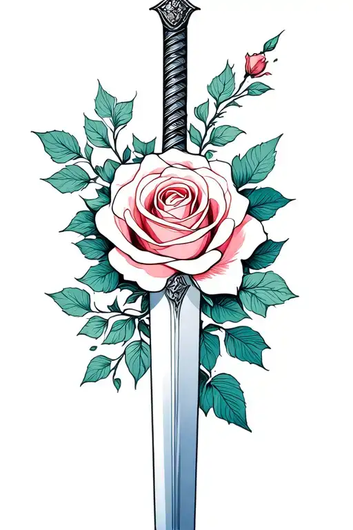 A Minimalist Design Of The Mulan Family Sword Intertwined With A Rose From Beauty And The Beast