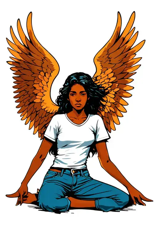 Brown Skinned Angel With Pheonix Wings Wearing Jeans And A Tshirt