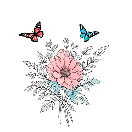 Flower Bouquet Fine Line With Butterfly Flying