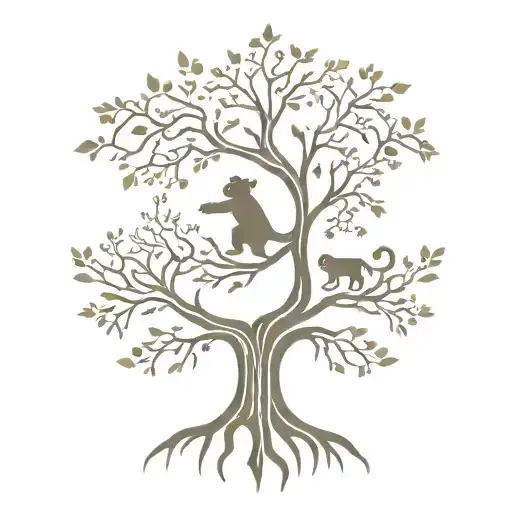 Oak Tree With Roots Inside A Star With A Monkey And A Fox Dancing Underneath