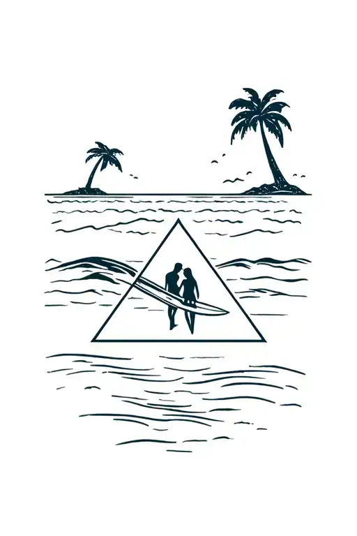 Beach Scene With Palm Trees Wave Triangle Couples Surf